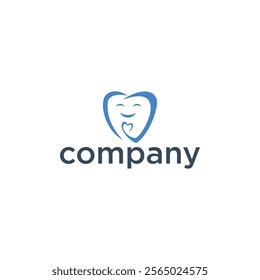 A logo featuring a blue tooth shape with a smiling face inside