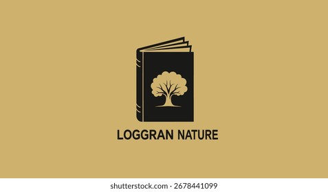 Um logotipo com um livro com uma árvore em sua capa, simbolizando o conhecimento e a natureza, ideal para marcas educacionais ou ambientais.