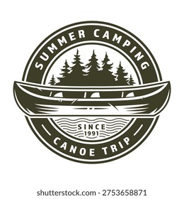 A logo featuring a canoe and trees. It represents a summer camping canoe trip with the year 1991 noted. The image shows a simple camping adventure theme.