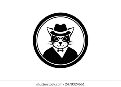 A logo featuring a cat wearing a hat and glasses, enclosed in a circle. This vector art illustration captures the whimsical and stylish nature of the design, perfect for playful and trendy branding.