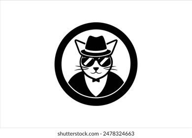 A logo featuring a cat wearing a hat and glasses, enclosed in a circle. This vector art illustration captures the whimsical and stylish nature of the design, perfect for playful and trendy branding.