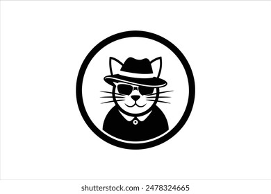 A logo featuring a cat wearing a hat and glasses, enclosed in a circle. This vector art illustration captures the whimsical and stylish nature of the design, perfect for playful and trendy branding.