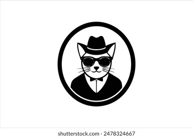 A logo featuring a cat wearing a hat and glasses, enclosed in a circle. This vector art illustration captures the whimsical and stylish nature of the design, perfect for playful and trendy branding.