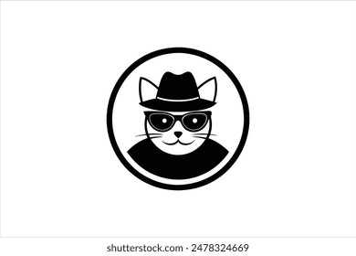 A logo featuring a cat wearing a hat and glasses, enclosed in a circle. This vector art illustration captures the whimsical and stylish nature of the design, perfect for playful and trendy branding.