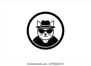 A logo featuring a cat wearing a hat and glasses, enclosed in a circle. This vector art illustration captures the whimsical and stylish nature of the design, perfect for playful and trendy branding.