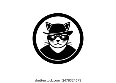 A logo featuring a cat wearing a hat and glasses, enclosed in a circle. This vector art illustration captures the whimsical and stylish nature of the design, perfect for playful and trendy branding.