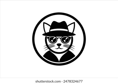 A logo featuring a cat wearing a hat and glasses, enclosed in a circle. This vector art illustration captures the whimsical and stylish nature of the design, perfect for playful and trendy branding.