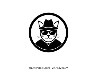 A logo featuring a cat wearing a hat and glasses, enclosed in a circle. This vector art illustration captures the whimsical and stylish nature of the design, perfect for playful and trendy branding.