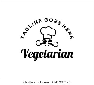 A logo featuring a chef's hat and utensils, promoting vegetarian cuisine with a customizable tagline.