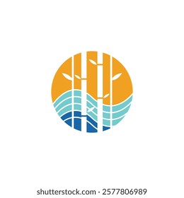 Logo featuring a circular pattern with bamboo stalks, calming ocean waves, and a radiant sun, conveying themes of peace, natural beauty, and tranquility.