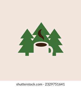 A logo featuring a coffee cup in negative space of some pine trees.