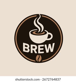 A logo featuring a coffee cup with steam rising, the word 'BREW', and a coffee bean, all within a circle. The design is simple, clean, and perfect for branding.