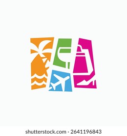 A logo featuring colorful boxes related to travel and shopping, including a palm tree, wine glass, airplane, shopping bag, and a high heel.