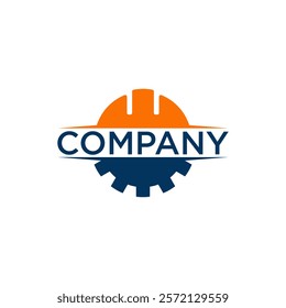 A logo featuring a construction helmet on top of a gear, symbolizing industry, engineering, and building.