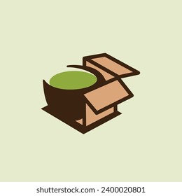 A logo featuring a cup of matcha green tea in an open box.