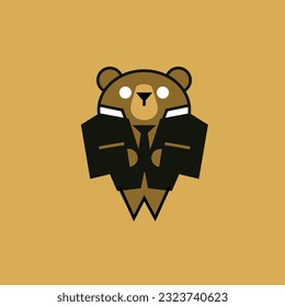 A logo featuring a cute brown bear with big round eyes wearing a suit and tie.