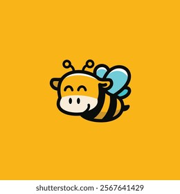 A logo featuring a cute and cartoony bee with the head of a cow, smiling and buzzing happily.