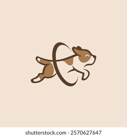 A logo featuring a cute and happy dog jumping joyfully through a hoop.