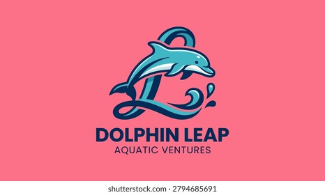 Logo featuring a dolphin leaping over stylized waves on pink background