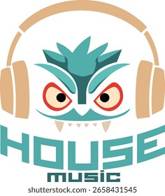 Logo con una cara con auriculares y el texto 'House Music'. Utiliza colores verde, marrón, rojo y negro.