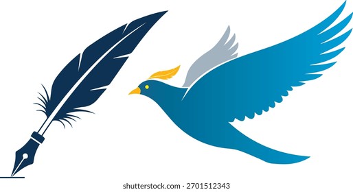A logo featuring a feather pen and a flying bird. The design is in blue, yellow, and white, and is meant to convey creativity, freedom, and elegance.