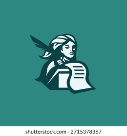 Logo con un escriba medieval femenino escrito en un rollo de papel con una pluma. Ideal para empresas relacionadas con la escritura y la caligrafía.