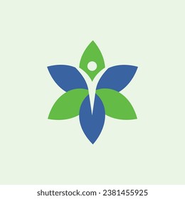 A logo featuring a flower with six blue and green petals and a person raising hands in negative space, designed in a minimalist style.