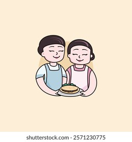 A logo featuring a friendly Asian mother and daughter wearing aprons, smiling and holding a plate of stuffed pancake.