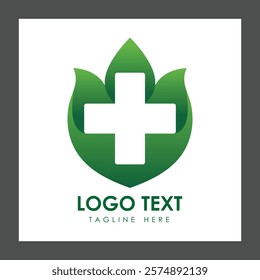 A logo featuring a green leaf design with a white medical cross in the center