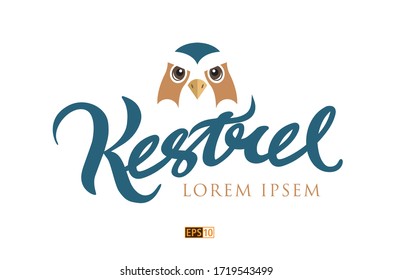 A logo featuring the head of a Kestrel, a UK and European hawk, accompanied by hand lettered text of the bird as a title