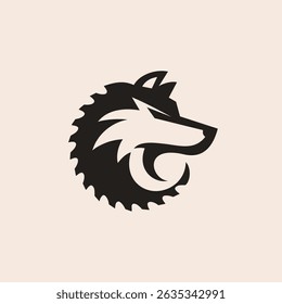 Um logotipo com a cabeça de um lobo em perfil lateral com uma serra circular incorporada.