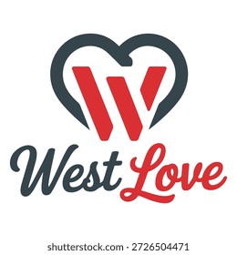 Logo con forma de corazón con la letra 'W' en el centro y las palabras 'West Love' escritas en una fuente cursiva.