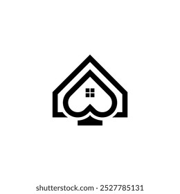 Um logotipo com uma forma de casa formada por linhas sobrepostas, assemelhando-se a um símbolo de espadas de cartas de baralho. A casa tem uma única janela.