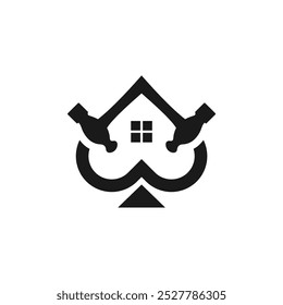 A logo featuring a house shape formed by two hands holding a spade symbol. The house has a single window.