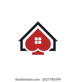 A logo featuring a house shape with a heart-shaped center. The house is outlined in black with a red heart and a white window.