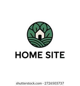 Ein Logo mit einem Haus, umgeben von grünen Blättern und Gras, mit dem Text "HOME SITE" darunter.