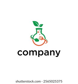 A logo featuring a laboratory flask with green leaves sprouting from the top, encircled by a fork and spoon, symbolizing a blend of science and food