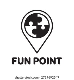 Um logotipo com um pino de mapa com um ícone de peça de quebra-cabeça dentro dele, representando um local ou serviço divertido ou divertido.