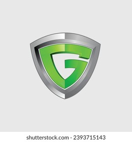 A logo featuring a metallic shield with a letter G in green and a silver border, designed with gradient colors and a 3D effect.