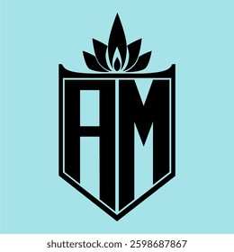 AM Logo featuring a minimalist design with a crown-like flower symbol on top, bold black elements, and a soft blue background, perfect for branding and modern visual identity.