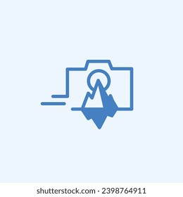 A logo featuring a moving camera with an iceberg inside, in blue and designed in a minimalist style.