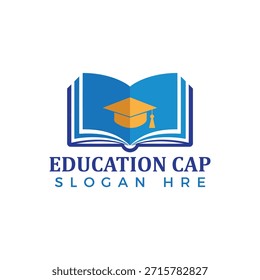 Logo con un libro abierto con un gorro de graduación en la parte superior, que simboliza la educación y el aprendizaje, para instituciones y organizaciones.