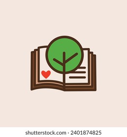 A logo featuring an open book with a tree and heart in the pages to represent the environment, designed in a cartoon style.