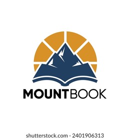 Un logo con un libro abierto dentro de los picos de montaña para aventura, editorial de libros marca de negocios. Elemento de diseño, Ilustración vectorial.