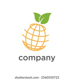 A logo featuring an orange wireframe globe shaped like a pineapple with two green leaves on top