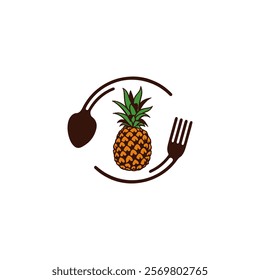 A logo featuring a pineapple in the center, flanked by a spoon on the left and a fork on the right, all enclosed in a circular design