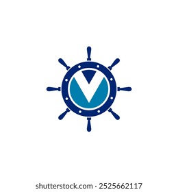 Um logotipo com uma roda de navio com a letra "V" incorporada no seu centro. O design transmite uma sensação de aventura, exploração e temas náuticos. 