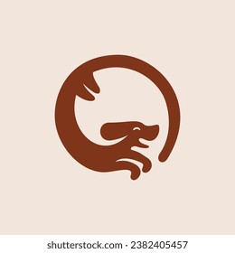 A logo featuring the silhouette of a happy and smiling brown dog joyfully chasing its own tail, designed in a circular shape.