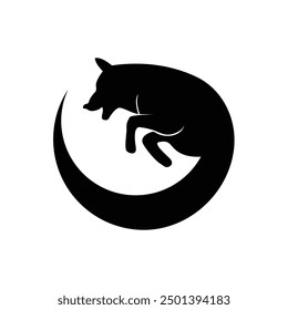 A logo featuring the silhouette of a happy and smiling dog joyfully chasing its own tail, designed in a circular shape.