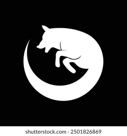 A logo featuring the silhouette of a happy and smiling dog joyfully chasing its own tail, designed in a circular shape.